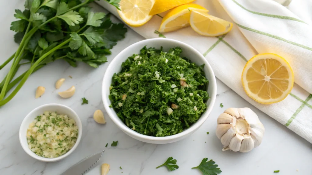 Fresh parsley, garlic, and lemon for making gremolata on a marble counter