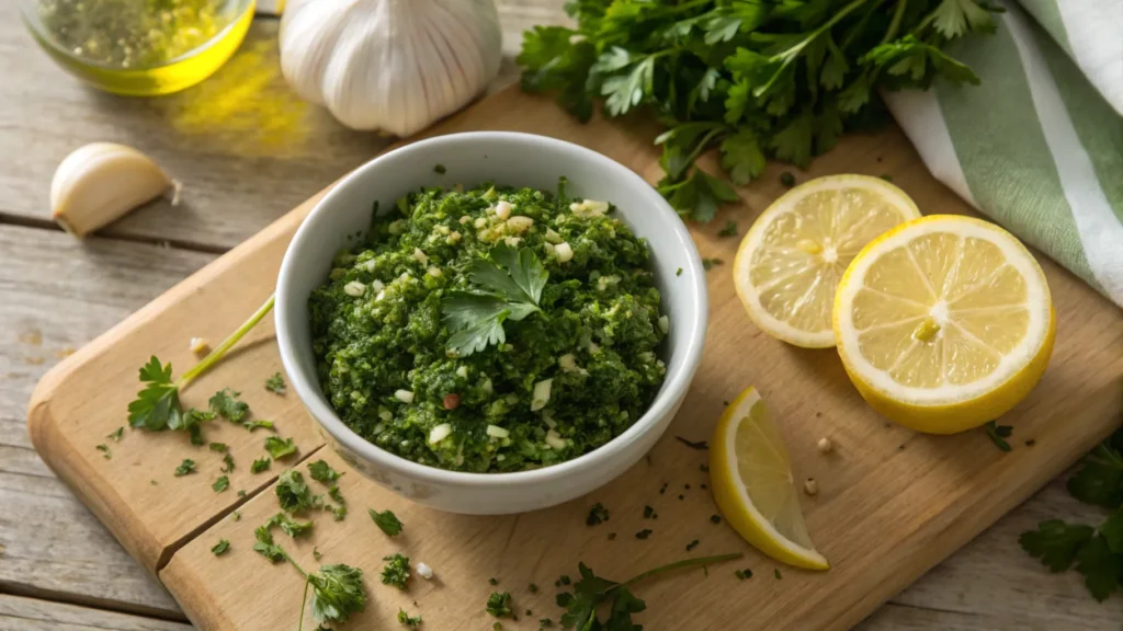 Fresh gremolata recipe in a bowl with parsley, garlic, and lemon zes