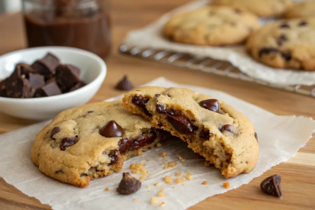 A gooey chocolate chip cookie broken in half.