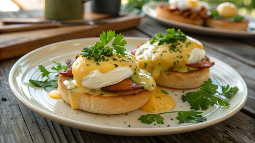 Perfectly plated Eggs Benedict with hollandaise sauce and parsley.