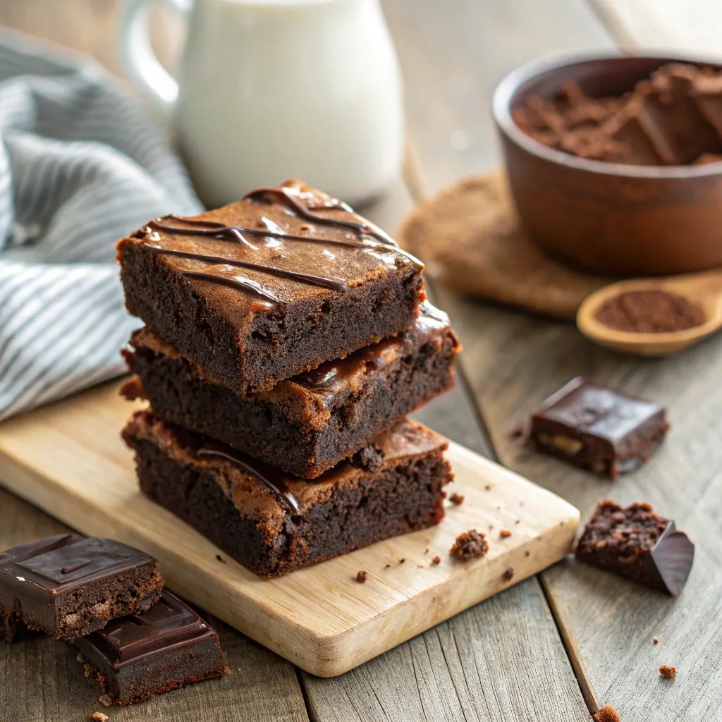 High protein brownies stacked on a wooden table