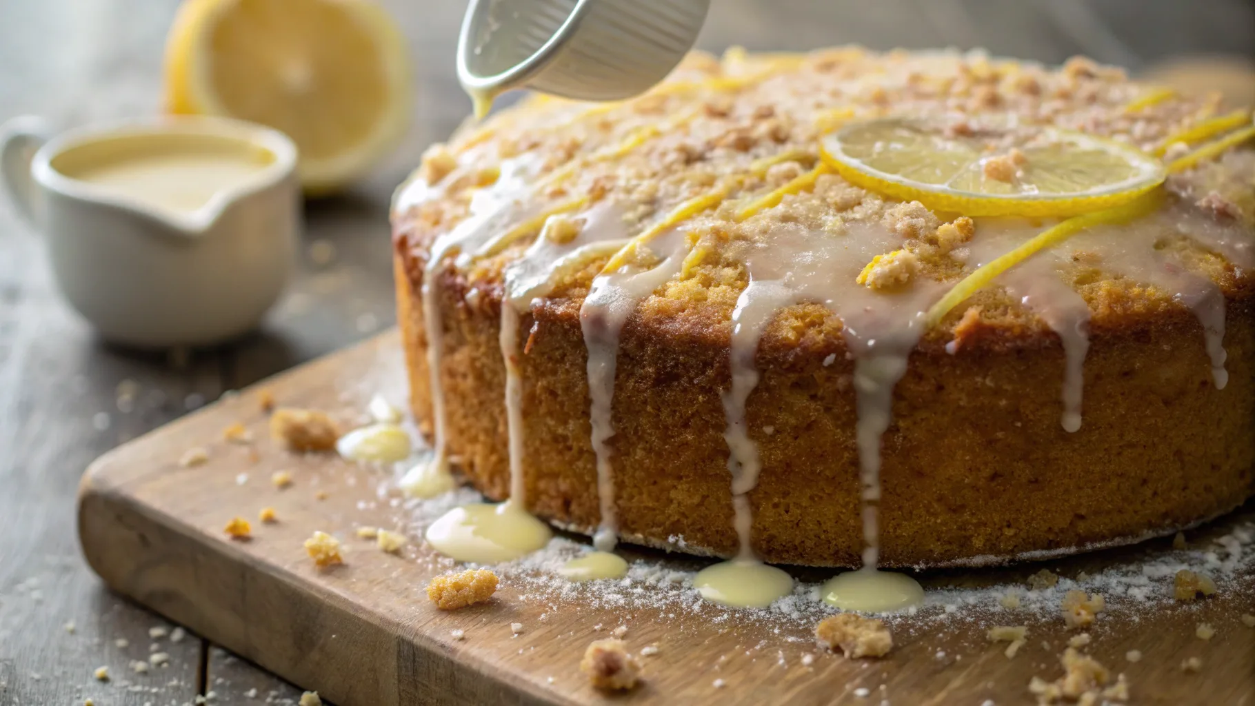 Freshly baked Lemon Drizzle Cake with crunchy topping