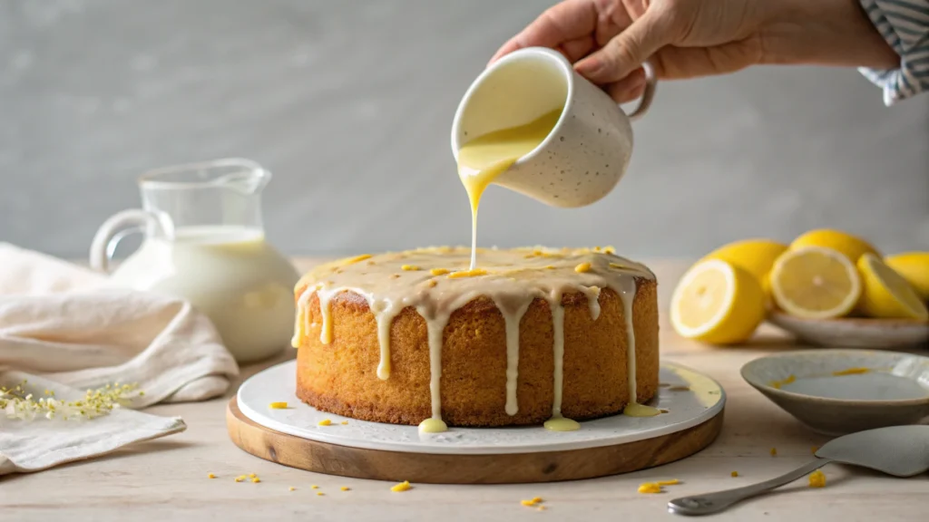 Drizzling icing over lemon drizzle cake