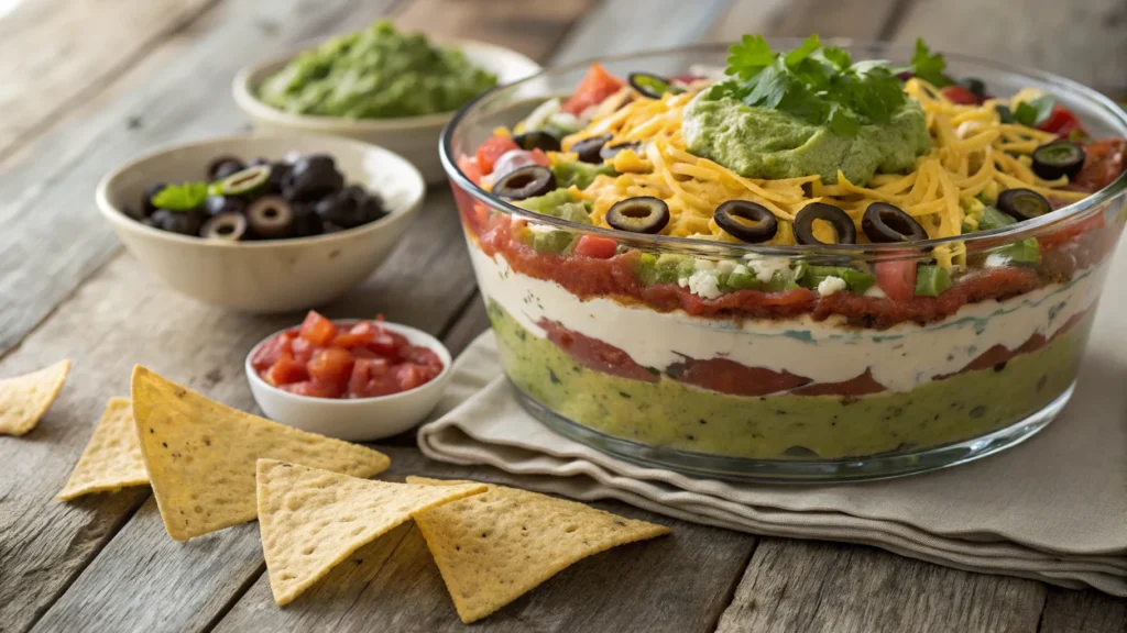 Layered taco dip in a glass dish with tortilla chips