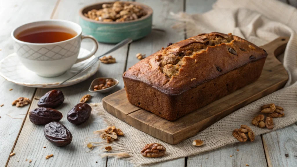 Freshly baked date nut bread on a rustic table.