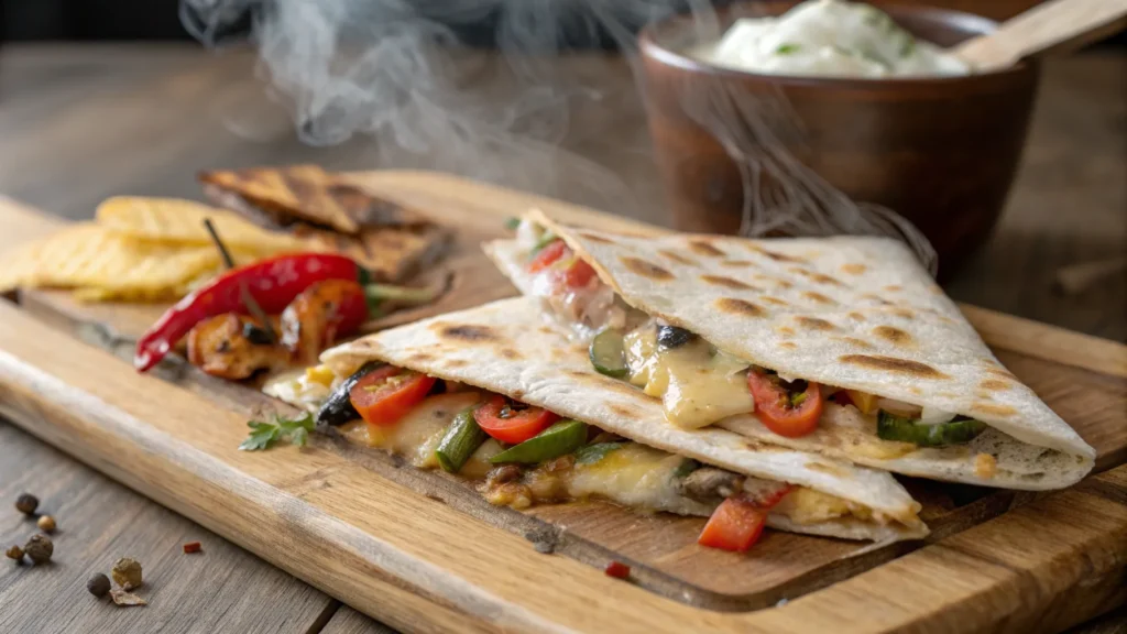 A quesadilla with gooey melted quesillo cheese and grilled vegetables, close-up on a wooden cutting board.