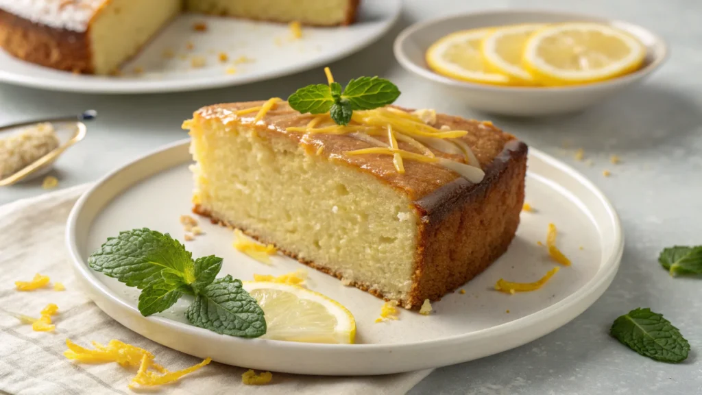 Moist lemon drizzle cake slice with lemon zest