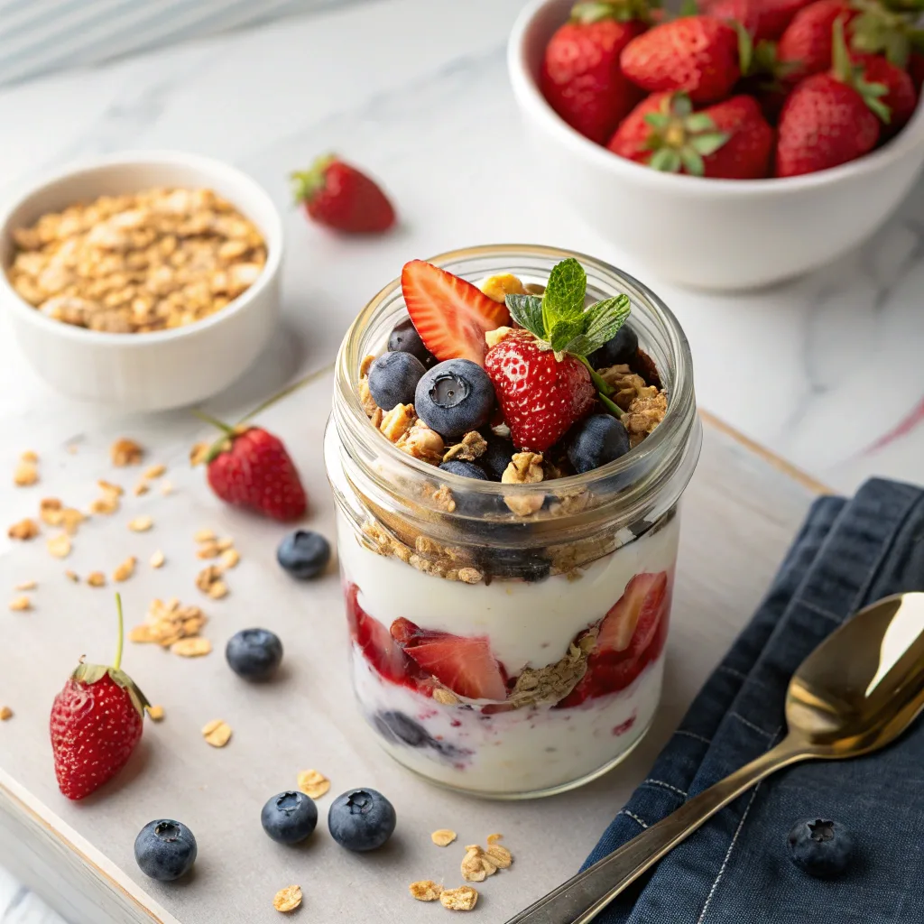 Greek yogurt parfait with berries and granola.