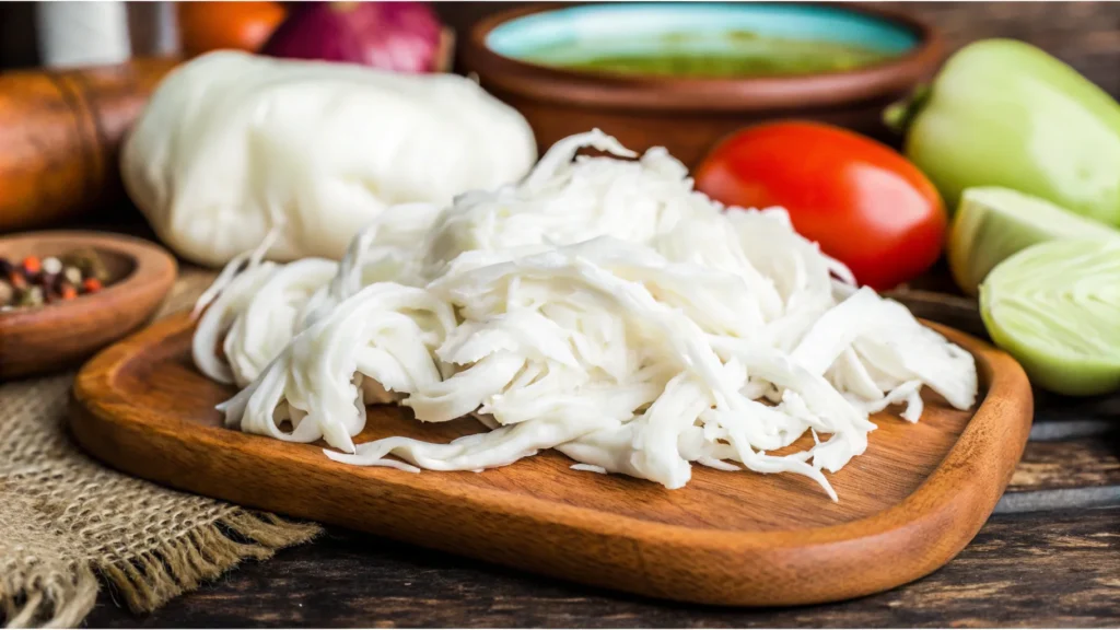 Quesillo cheese being stretched into thin strands