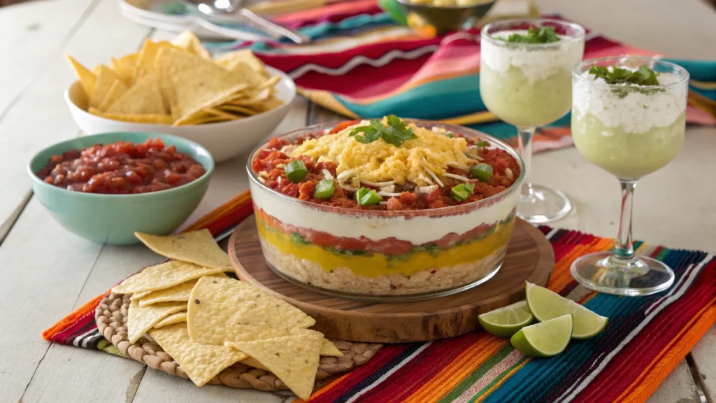 Layered taco dip served with chips and salsa