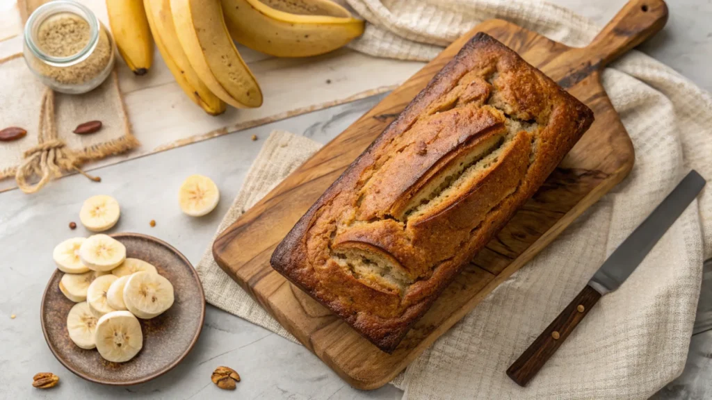 Golden banana bread loaf made with two bananas, sliced on a rustic wooden board.