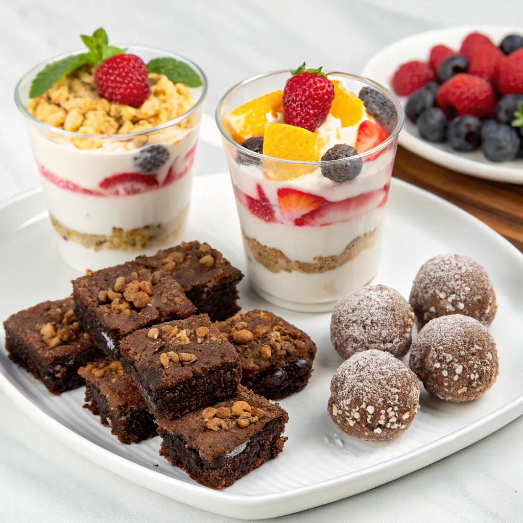 A plate of high protein desserts, including chocolate brownies, protein energy balls, and Greek yogurt parfaits topped with fresh fruit.