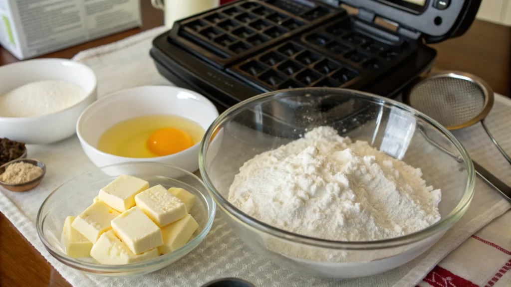 Pouring homemade waffle batter into a waffle iron.