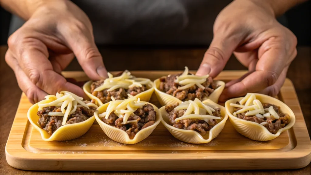 Stuffing pasta shells with Philly cheesesteak filling.