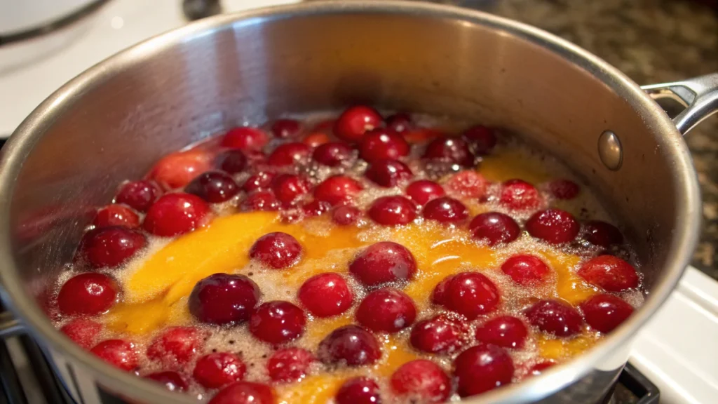 Cranberries cooking in a saucepan for cranberry sauce recipe