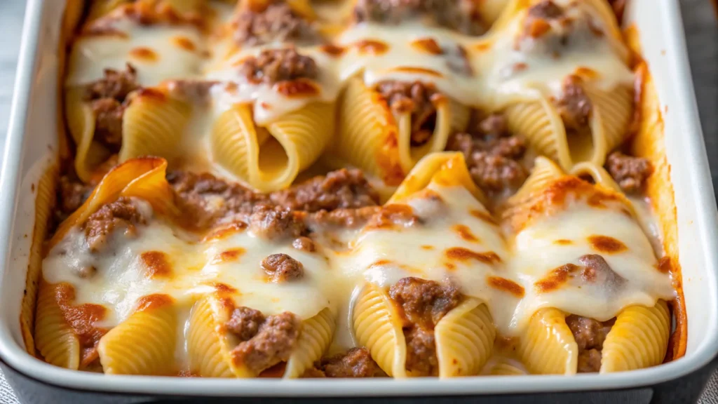 Cheesesteak stuffed shells with melted provolone.