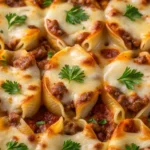 Cheesesteak Stuffed Shells fresh from the oven with melty cheese.