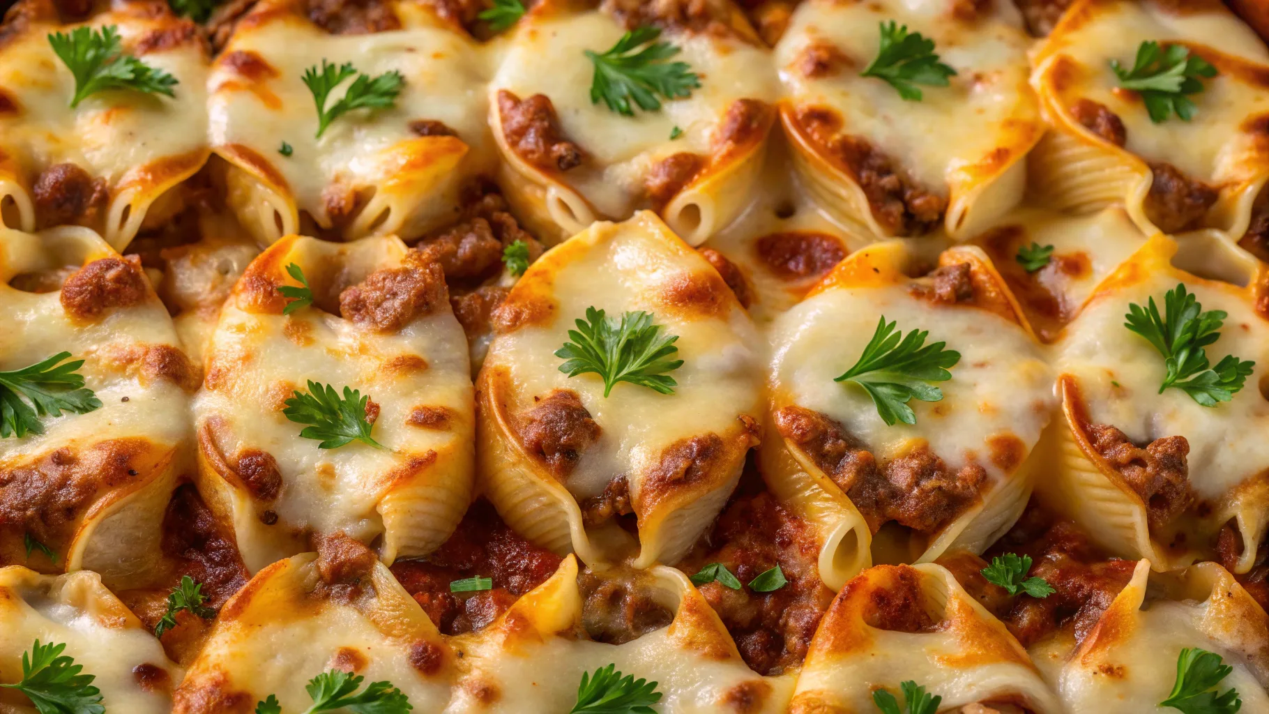 Cheesesteak Stuffed Shells fresh from the oven with melty cheese.