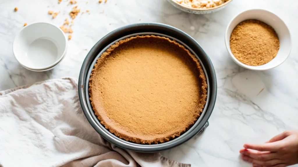 Pressing graham cracker crust into a springform pan