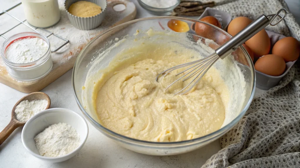 Pouring homemade waffle batter into a waffle iron.